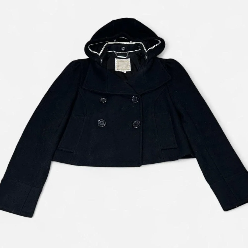 Vintage Y2K 2007 Old Navy Black Cropped Wool Peacoat Hood Womens S Alt Emo